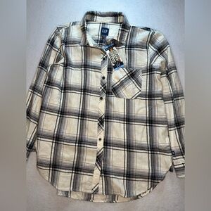 GAP Casual Plaid Button Up Shirt Black and Cream NWT Relaxed Fit Flannel Large